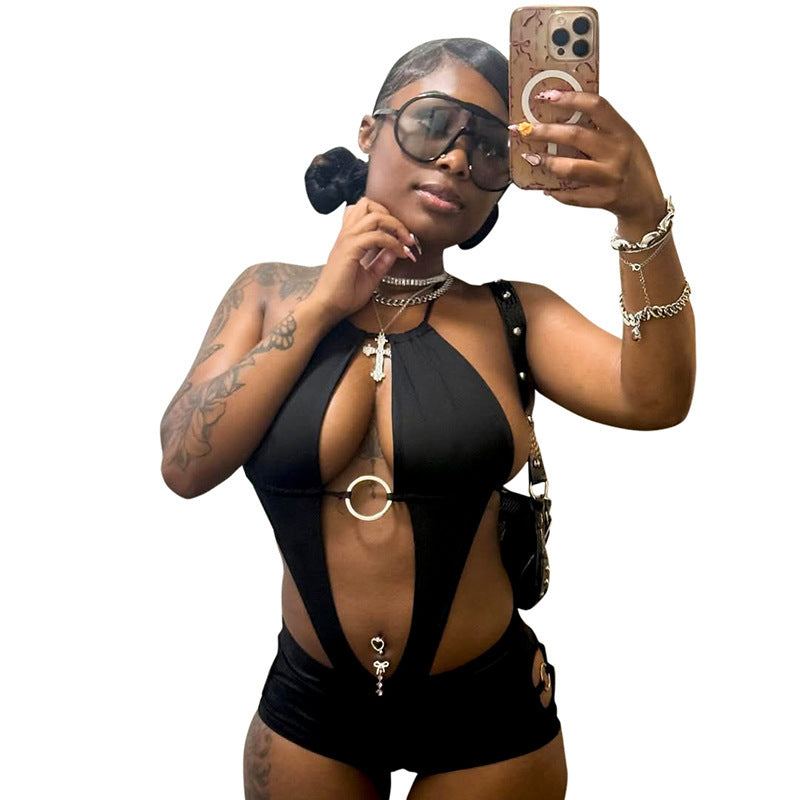 Damen Einteiliger Badeanzug mit tiefem Ausschnitt und Ringen R&B