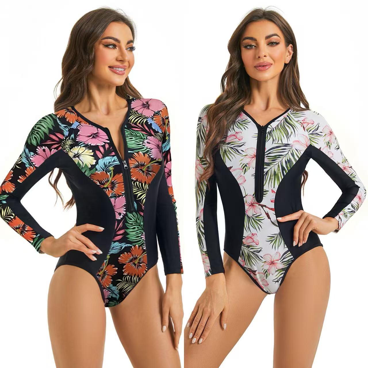 Damen Sportlicher Langarm Badeanzug mit floralem Grafikdesign R&B