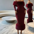 Damen Elegantes Abendkleid mit luxuriösem Federbesatz R&B