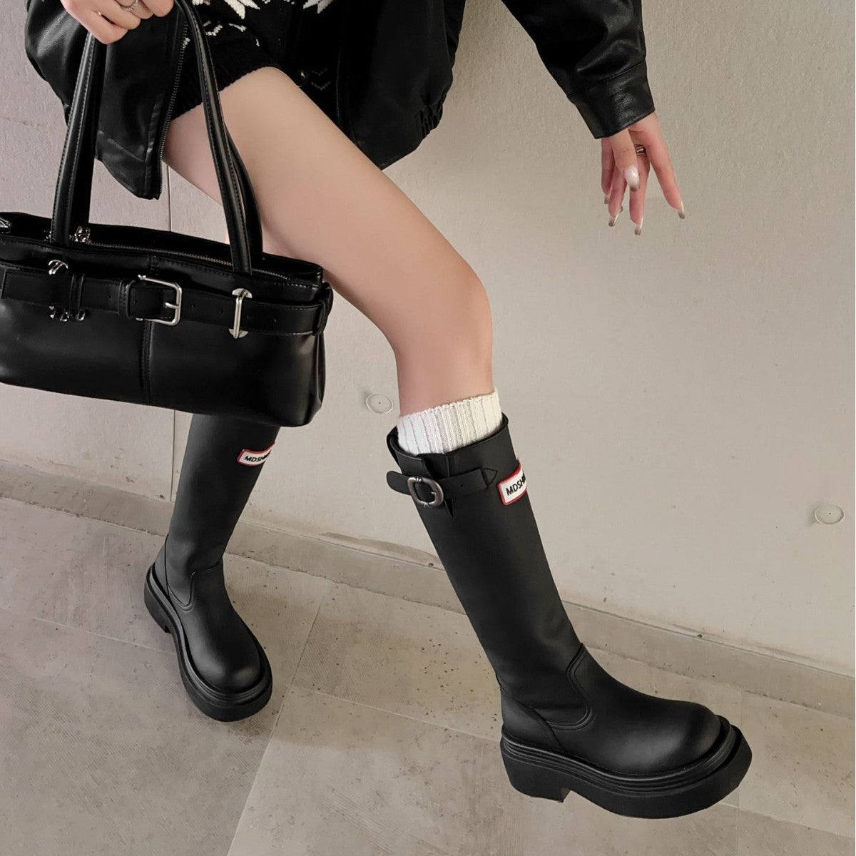 Damen Hohe Stiefel mit modischer Schnalle und komfortablem Plateau R&B