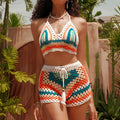 Damen gehäkeltes Bikini-Set mit angesagtem Crop-Top und lässigen Shorts R&B