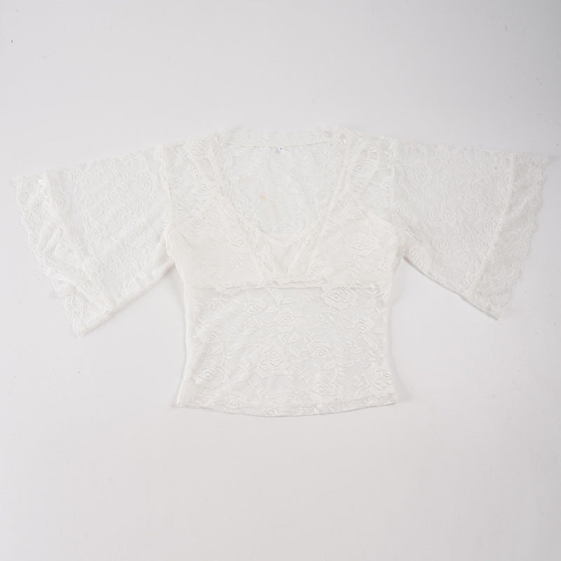 Damen elegantes Spitzenoberteil mit voluminösen Rüschendetails R&B