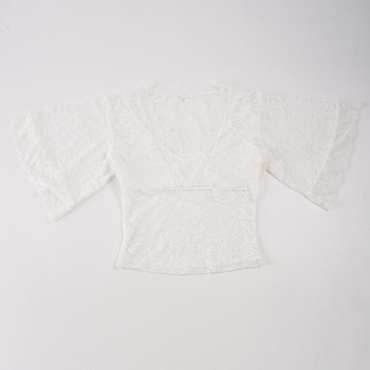 Damen elegantes Spitzenoberteil mit voluminösen Rüschendetails R&B