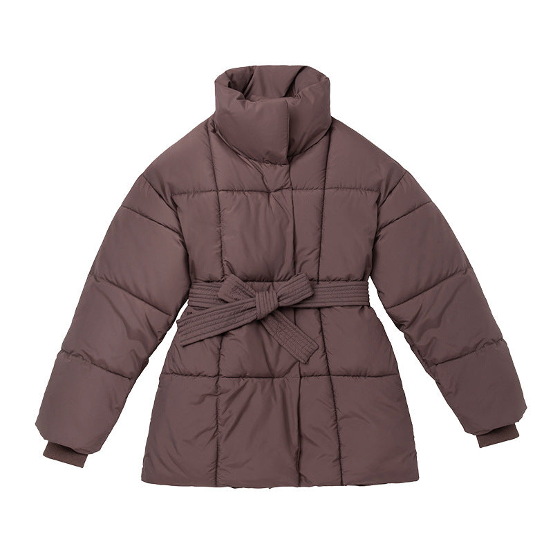 Damen Komfortable und elegante Pufferjacke mit Gürtel und hohem Kragen R&B