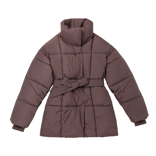 Damen Komfortable und elegante Pufferjacke mit Gürtel und hohem Kragen R&B