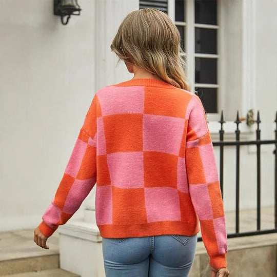 Damen modischer V-Ausschnitt Cardigan mit Karomuster R&B