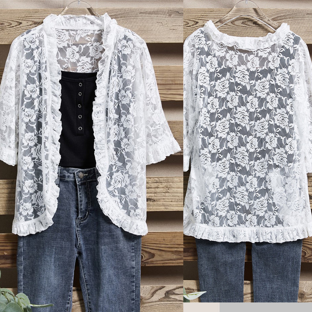 Damen Spitzen-Cardigan mit Rüschendetails R&B