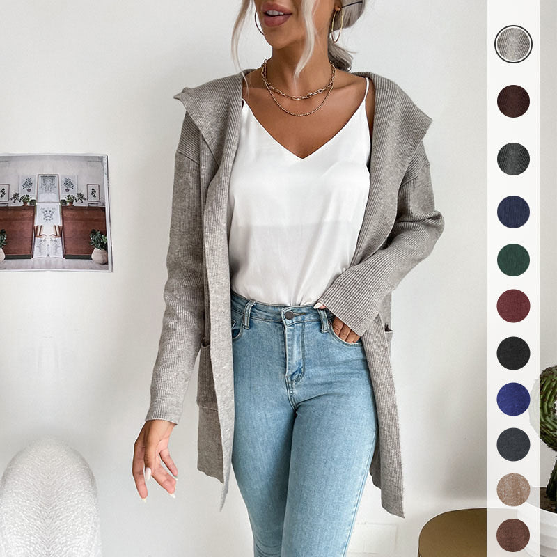 Damen Langärmlige Strickjacke mit Kapuze und seitlichen Taschen R&B
