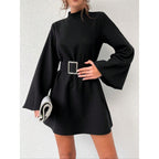 Damen elegante Minikleidung mit Gürtel und langen Ärmeln R&B