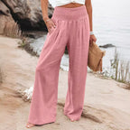 Damen Weite Leinenhose mit elastischem Bund und Falten R&B