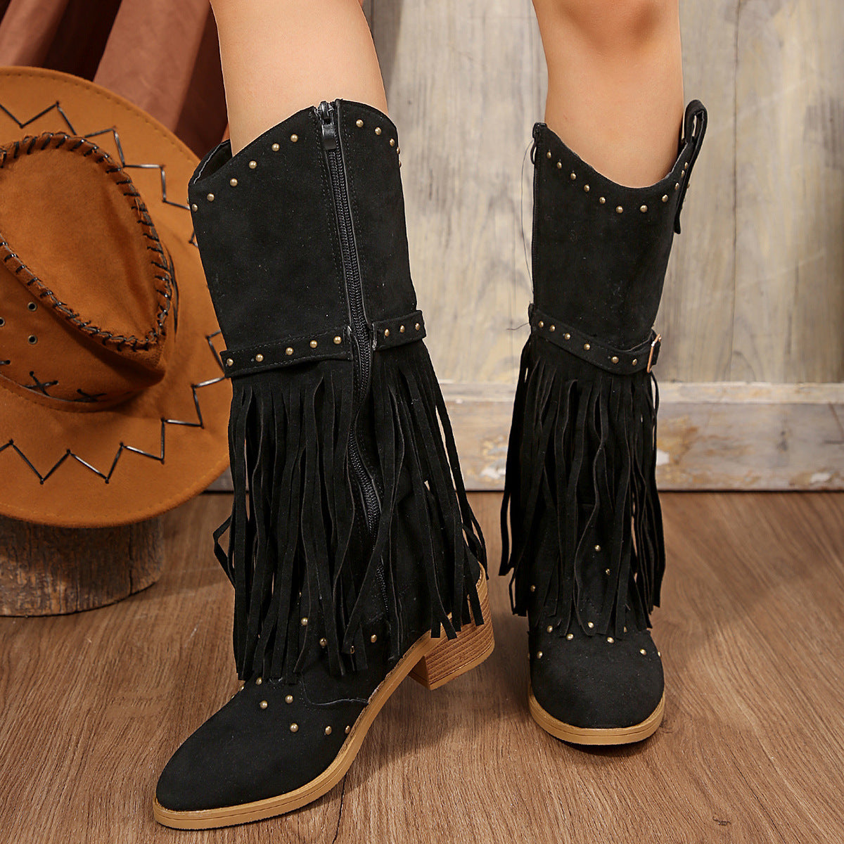 Damen Fransen-Stiefel mit Nietenverzierungen und Blockabsatz R&B