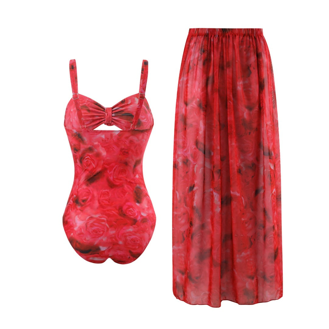 Damen Einteiler Badeanzug mit floralem Design und transparentem Überrock R&B