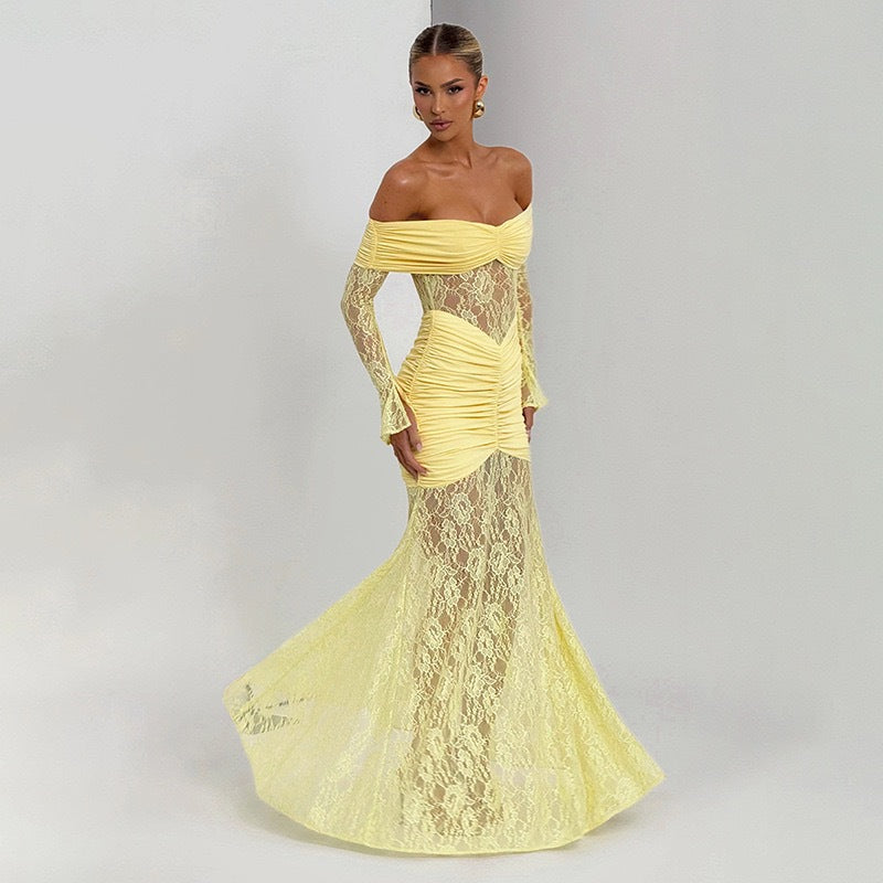 Damen Elegantes Langarm-Spitzenkleid mit Raffungen und schulterfreiem Design R&B