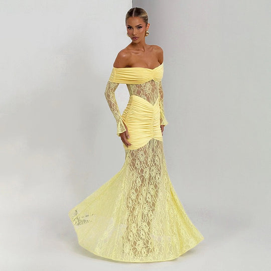 Damen Elegantes Langarm-Spitzenkleid mit Raffungen und schulterfreiem Design R&B