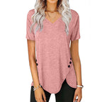 Damen lässiges V-Ausschnitt T-Shirt mit asymmetrischem Saum und dekorativen Knopfdetails R&B