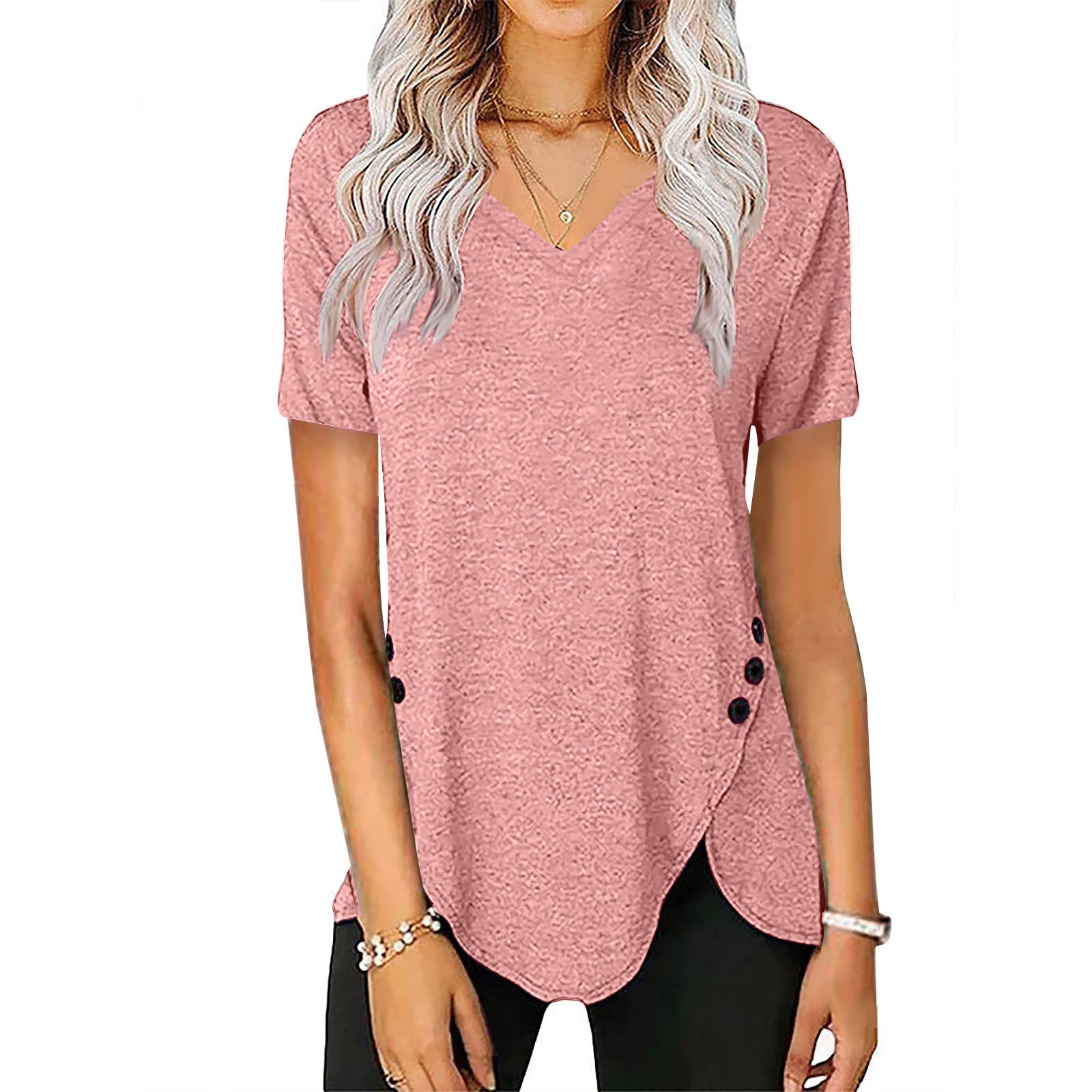 Damen lässiges V-Ausschnitt T-Shirt mit asymmetrischem Saum und dekorativen Knopfdetails R&B