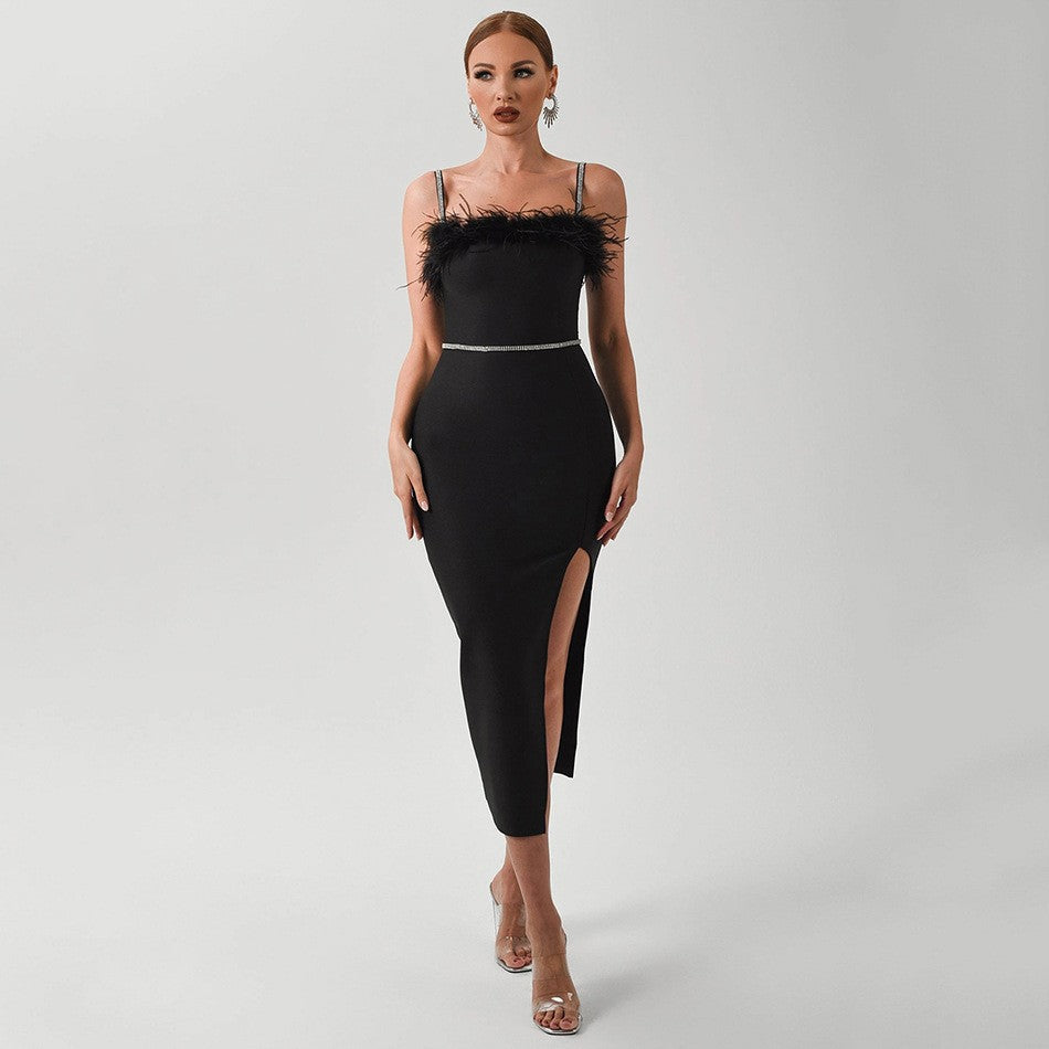 Damen Elegantes Abendkleid mit filigranem Spitzenbesatz und verführerischem Schlitz R&B