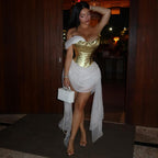 Damen Elegantes asymmetrisches Cocktailkleid mit goldenen Akzenten R&B