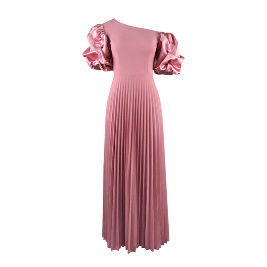 Damen Plissiertes Maxikleid mit asymmetrischem Oberteil und voluminösen Puffärmeln R&B