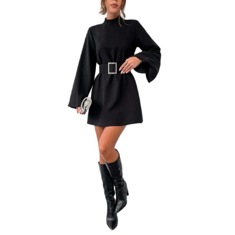 Damen elegante Minikleidung mit Gürtel und langen Ärmeln R&B