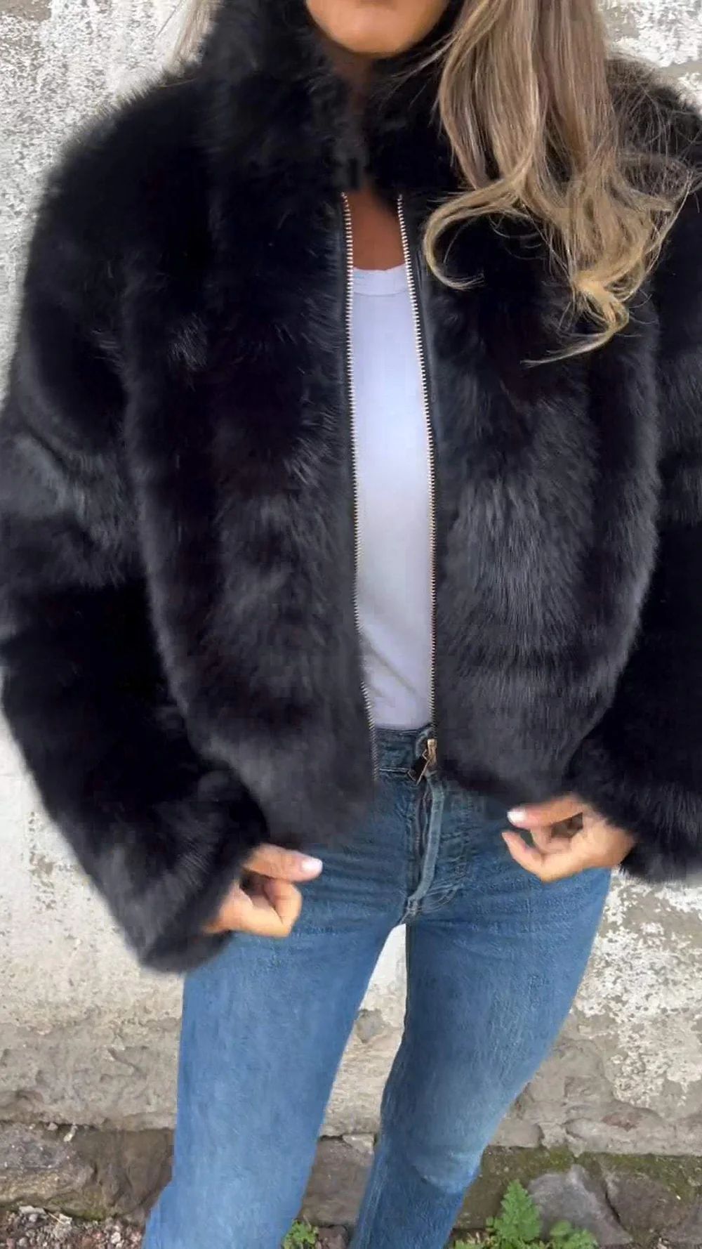 Damen kuschelige und modische Fleecejacke mit Stehkragen und Reißverschluss R&B