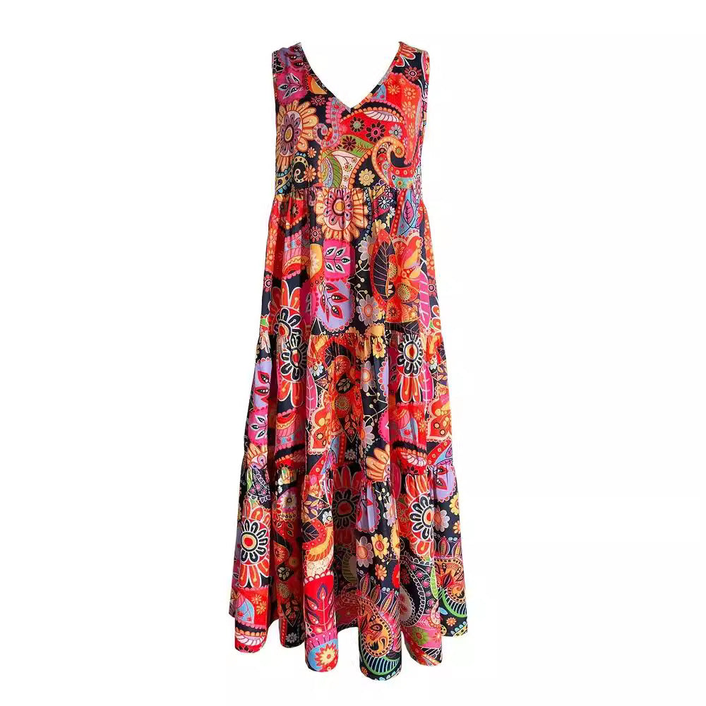 Damen nan stufenförmiges Boho-Maxikleid mit V-Ausschnitt und geraffter Unterbrustnaht R&B