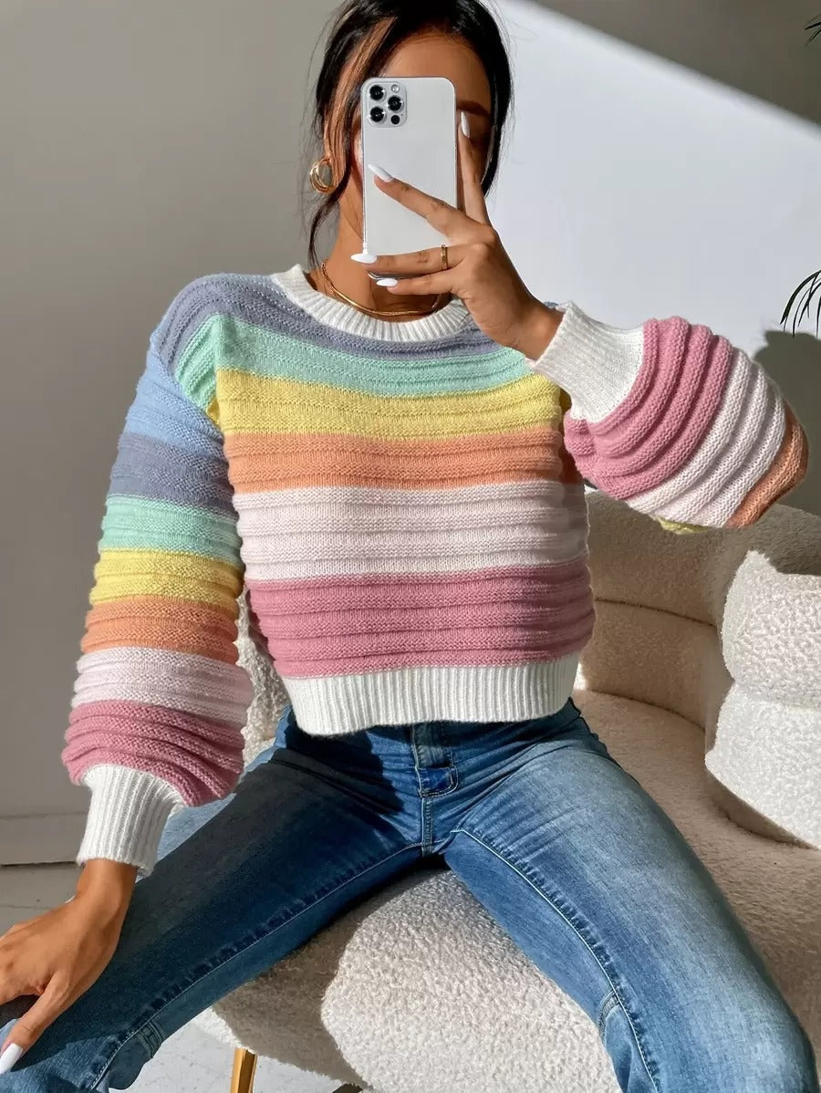 Damen Modischer Strickpullover mit Volumenärmel und Randdetails R&B