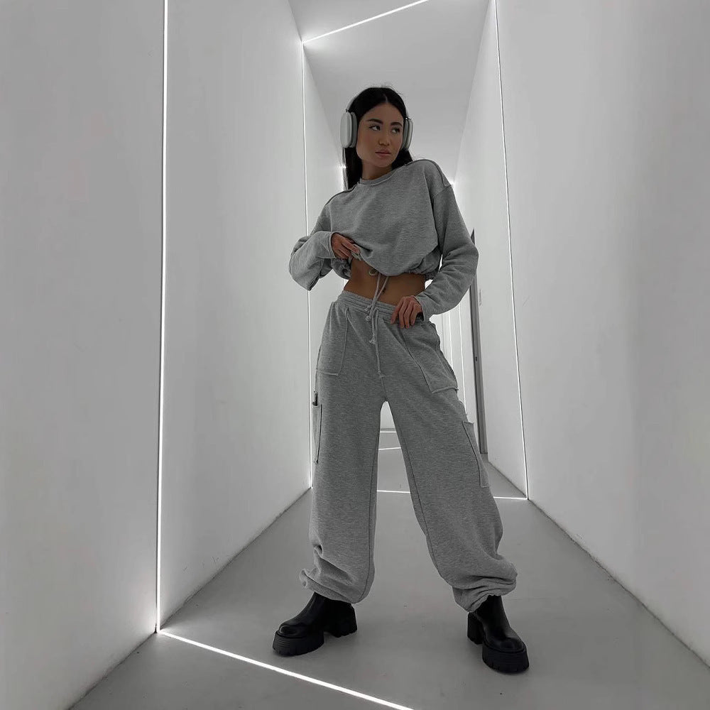 Damen lässiges cropped Sweatshirt mit Kordelzug und weiten Ärmeln R&B