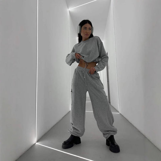 Damen lässiges cropped Sweatshirt mit Kordelzug und weiten Ärmeln R&B