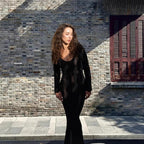 Damen Strickmaxikleid mit raffiniertem Lochmuster und tiefem V-Ausschnitt R&B