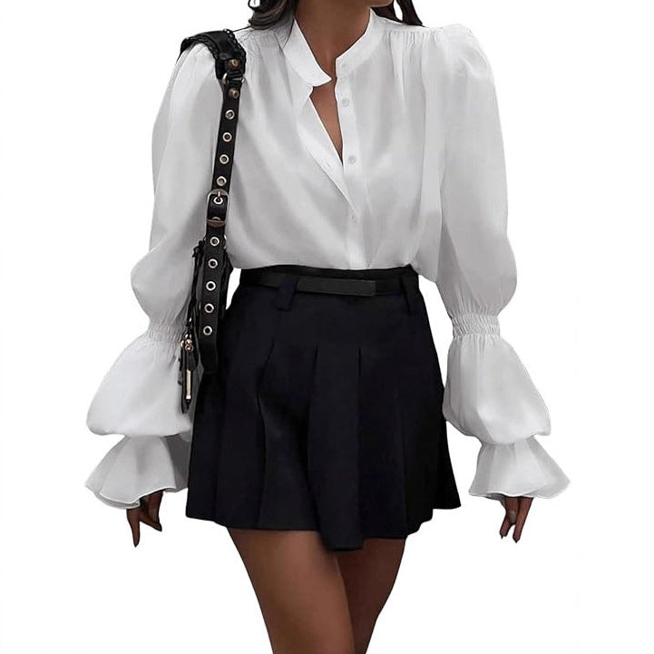 Damen Bluse mit eleganten Puffärmeln und zeitlosem Stehkragen R&B