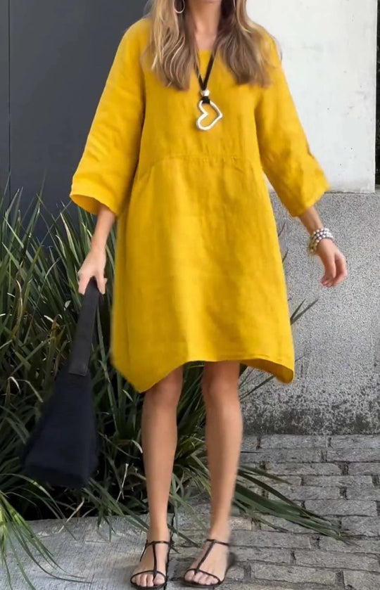 Damen lässiges Leinenkleid mit praktischen Taschen und asymmetrischem Saum R&B