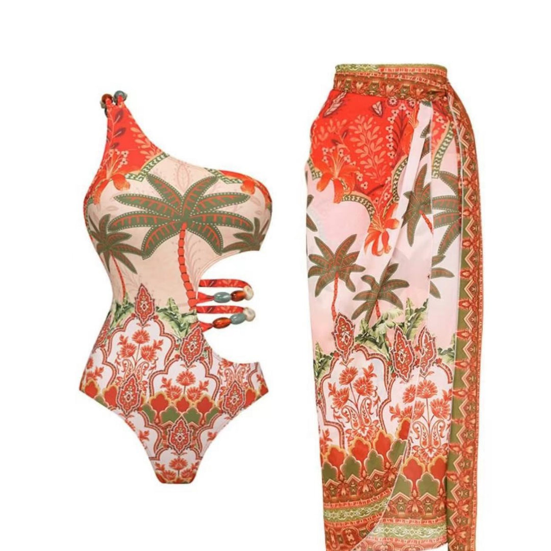 Damen Einteiler Badeanzug mit modischem Cut-Out und passendem Strandrock R&B
