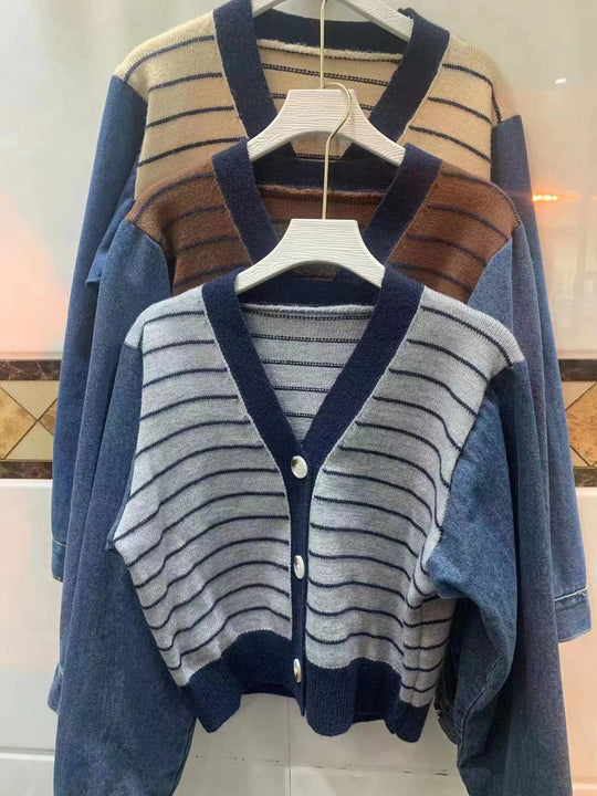Damen modische Strickjacke mit modernen Streifen-Design und Raglanärmeln R&B