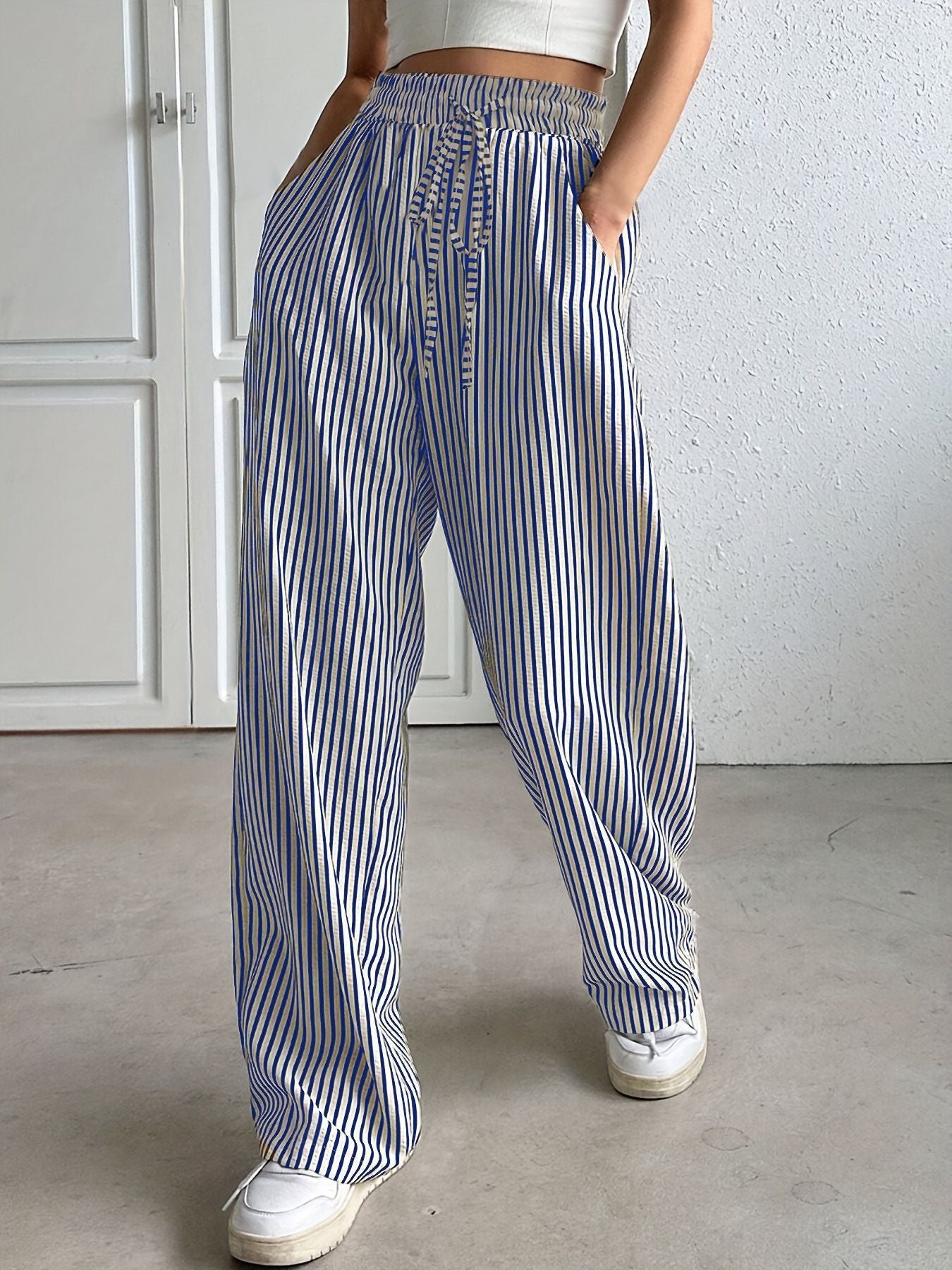 Damen weite Streifenhose mit Gummizug und Seitentaschen