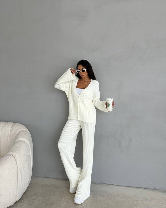 Damen Strick-Loungewear-Set mit weiten Ärmeln und Knopfleiste R&B