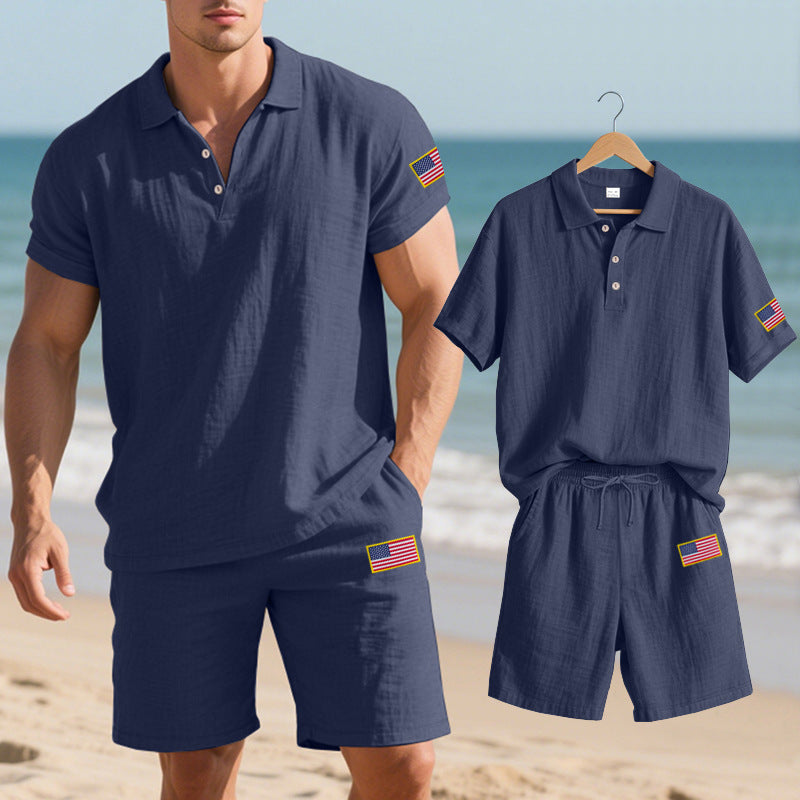 Herren Polo- und Shorts-Set mit gesticktem Länderflaggen-Motiv
