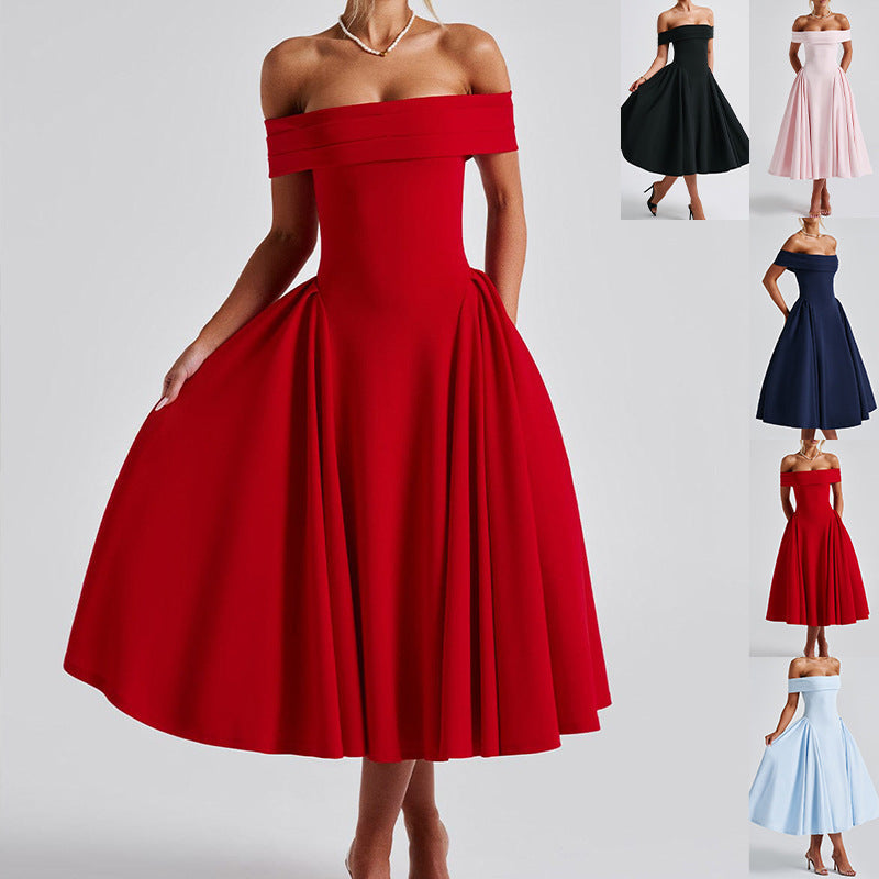 Damen Off-Shoulder Cocktailkleid mit voluminösem Rock und elegantem Trägerdesign R&B
