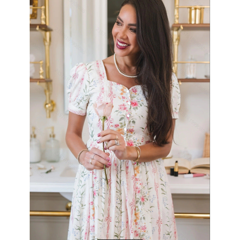 Damen Maxikleid mit floralem Design und langen Puffärmeln R&B