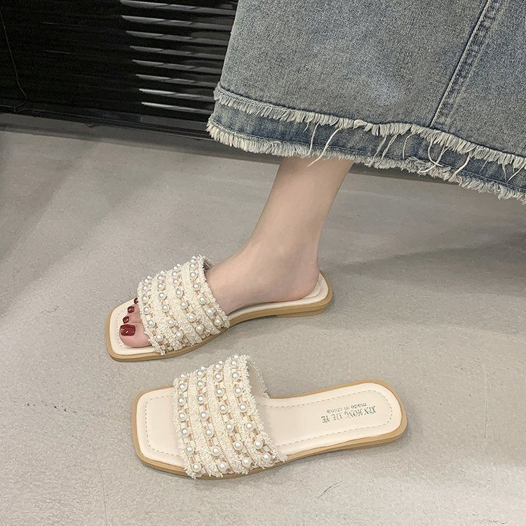 Damen elegante flache Pantoletten mit zierlichen Perlenakzenten R&B