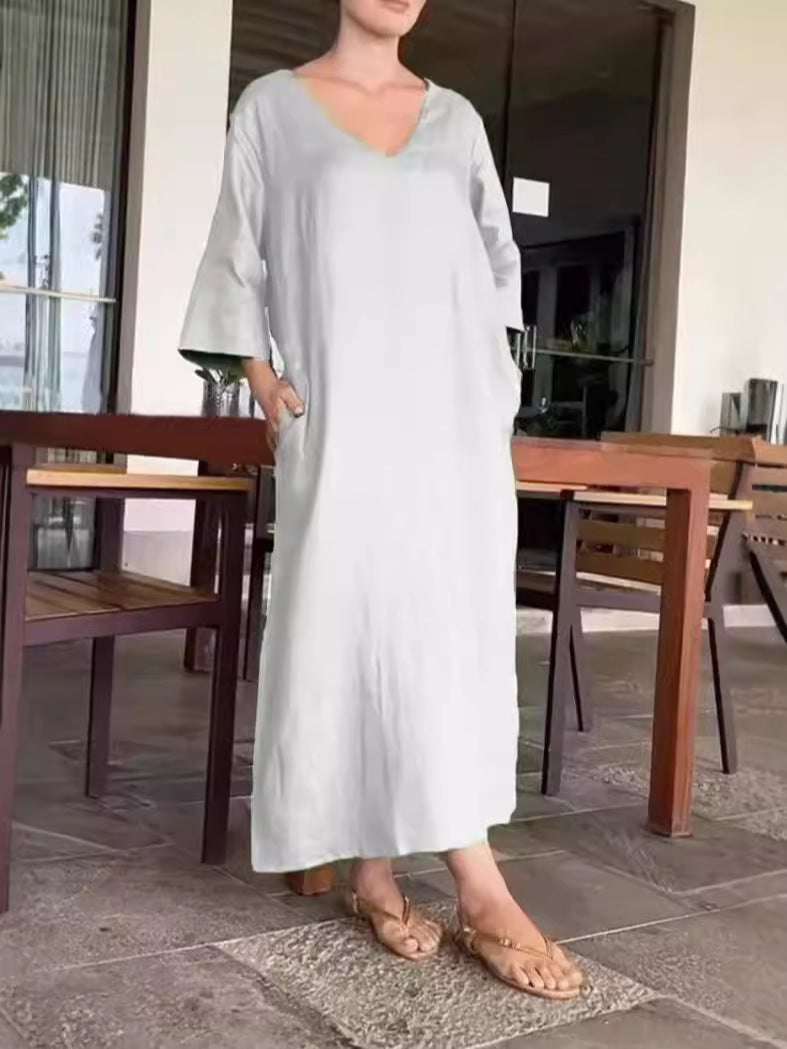 Damen luftiges Maxikleid aus atmungsaktiver Baumwolle mit V-Ausschnitt und praktischen Taschen R&B