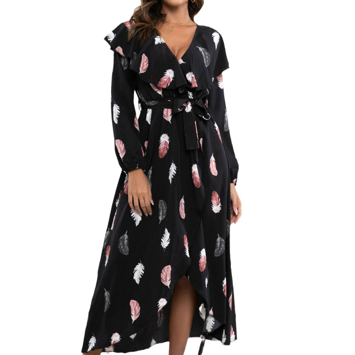 Damen Maxi-Kleid mit Rüschendetails und schickem Bindegürtel R&B