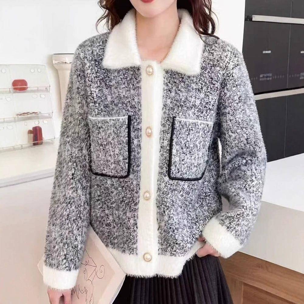Damen Flauschige Strickjacke mit kontrastierenden Taschen und Kragen R&B