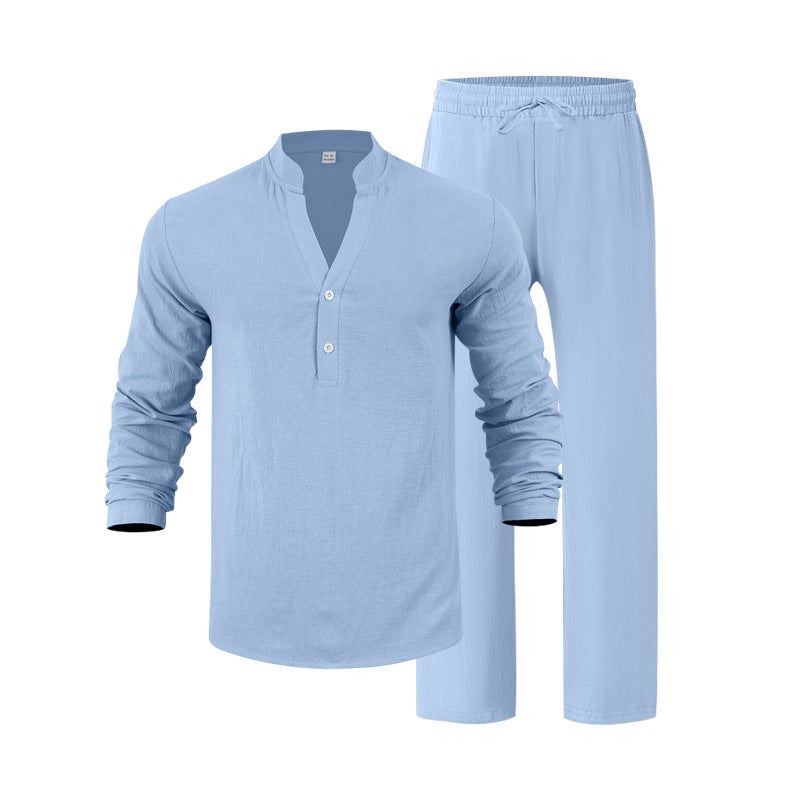 Herren komfortables Homewear-Set mit eleganter Knopfleiste und langen Hosen R&B