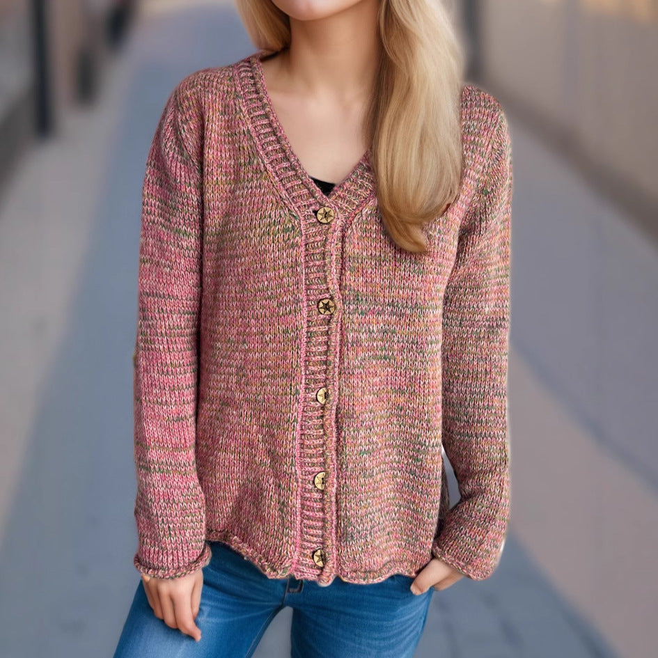 Damen Strickjacke mit kreativem Farbmuster und goldenen Knöpfen R&B