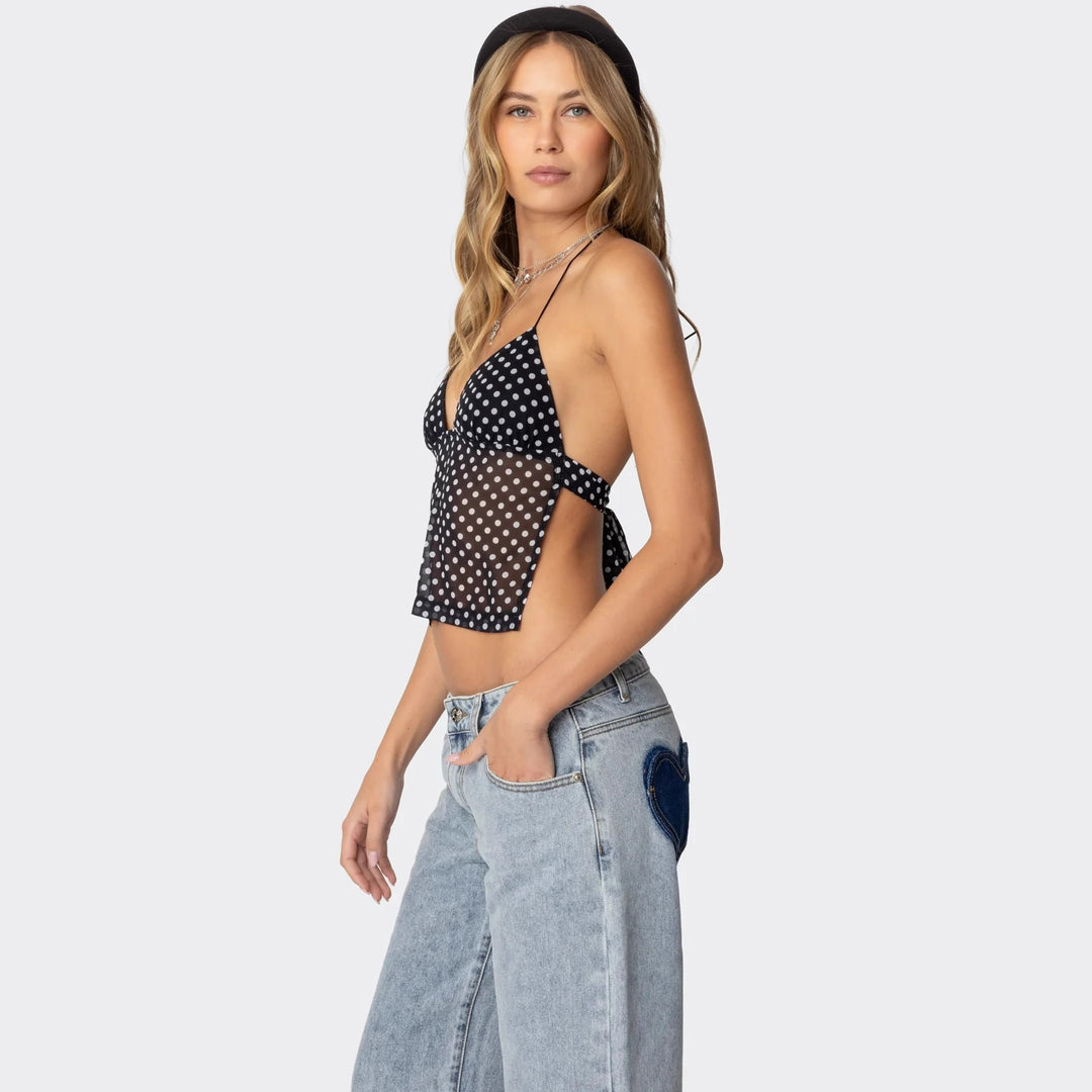 Damen Polka Dot Top mit zarten Trägern und figurbetontem Schnitt R&B