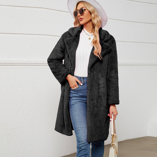 Damen Eleganter Kunstpelzmantel mit tiefem Kragen R&B