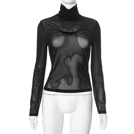 Damen trendiges, transparentes Longsleeve-Oberteil mit Stehkragen und Designfalten R&B