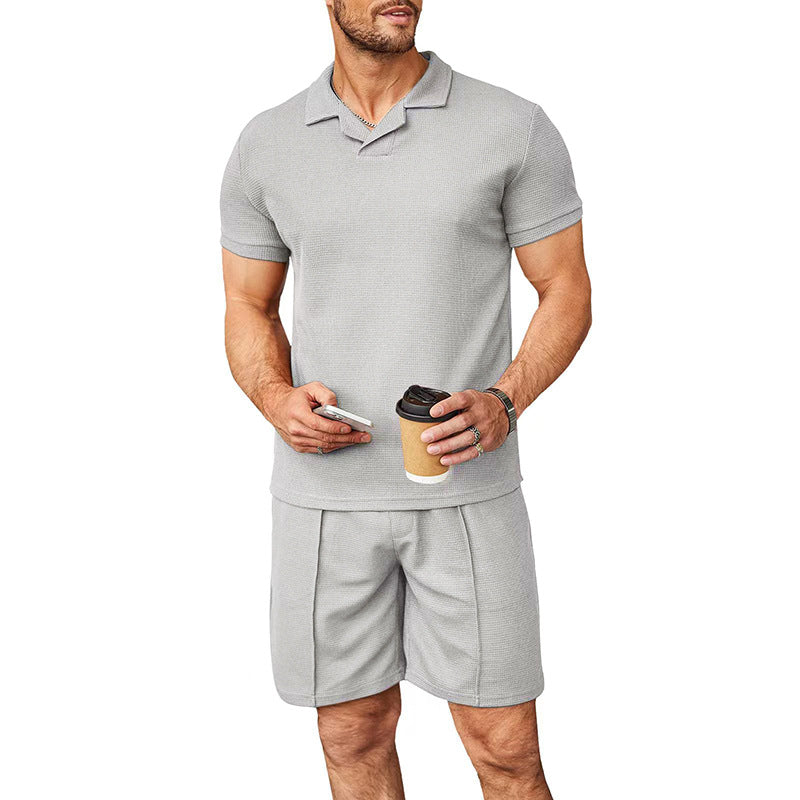 Herren nan zweiteiliges Freizeitset aus strukturierter Baumwollmischung mit Reverspolo und geraden Komfortshorts R&B