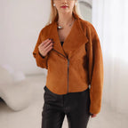 Damen Trendige Kurzjacke im lässigen Biker-Stil mit asymmetrischem Reißverschluss und tiefem Kragen R&B